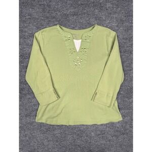 Van Heusen Womens Green Embroidered V-Neck Long Sleeve Top Size M Cotton